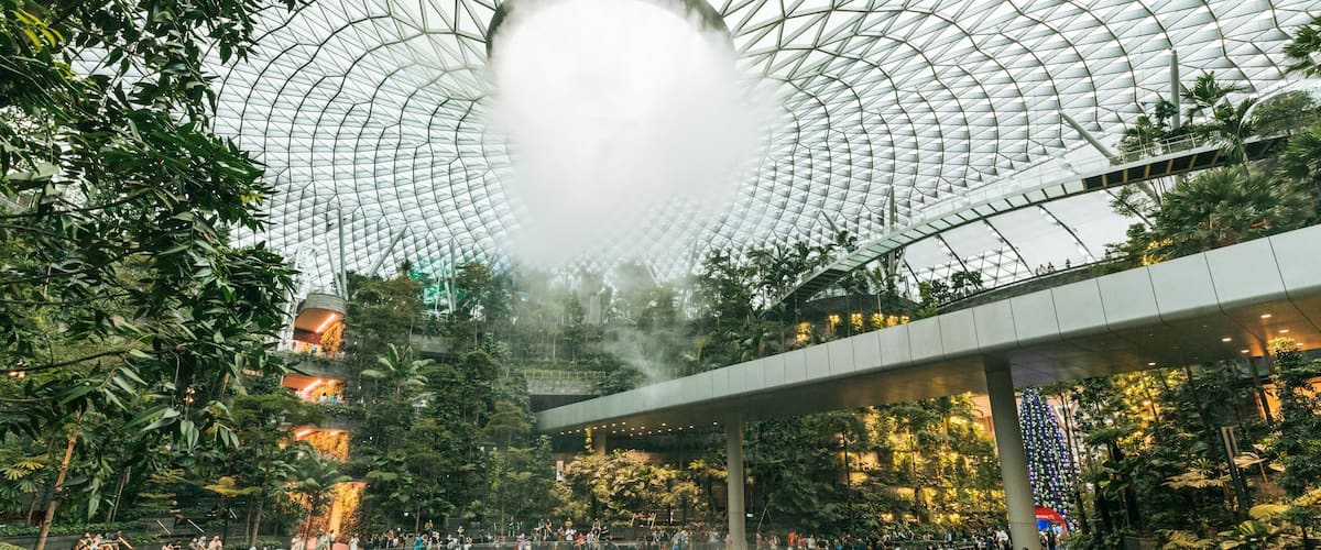 Jewel Changi Airport featuring interior views, a fountain and a garden
