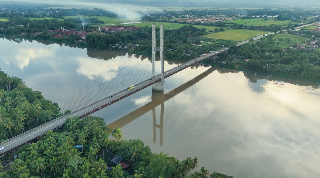 Aerial view of the Macapagal Bridge crossing the Agusan River in Butuan City, Philippines.