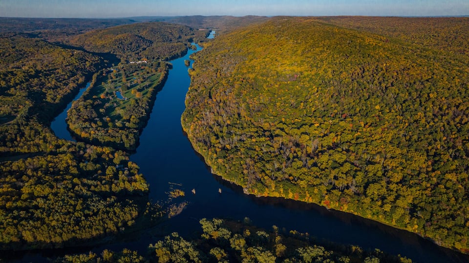 A river winding through a dense forest with a small house on the left bank.
