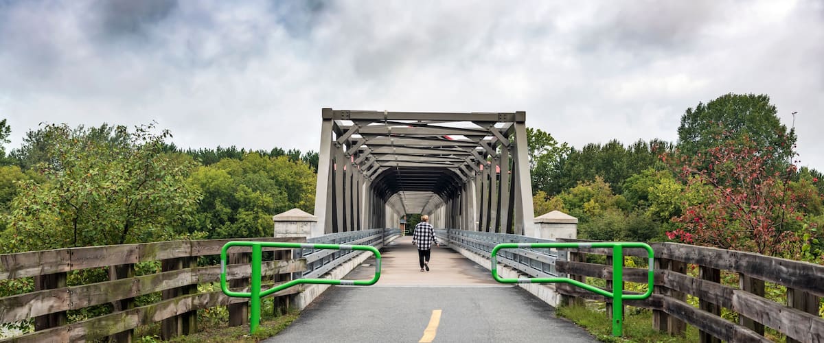 A pedestrian bridge with a metal arch structure, surrounded by greenery and a wooden fence.