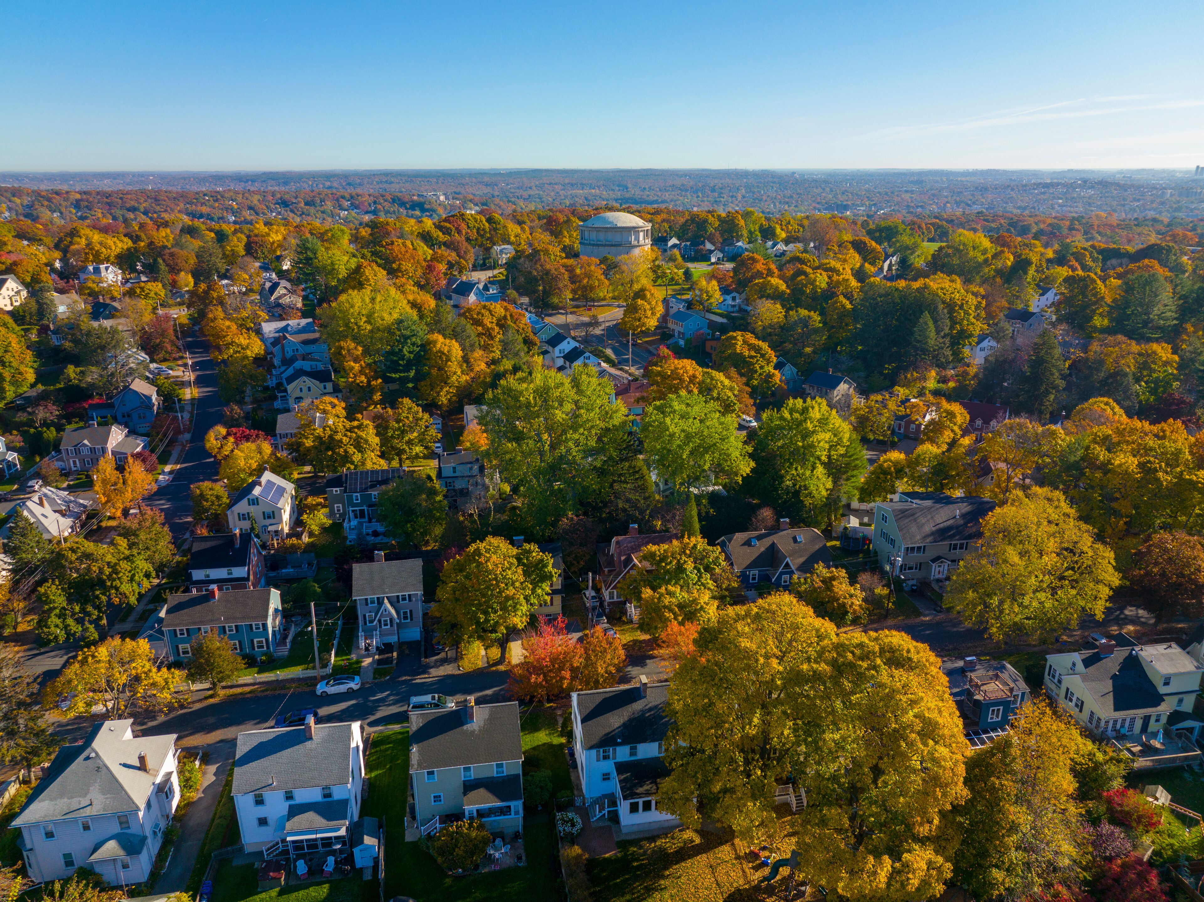 Arlington Reservoir aerial view in fall on Park Circle in town of Arlington, Massachusetts MA, USA. This water tower was built in 1920 with Classical Revival style. 