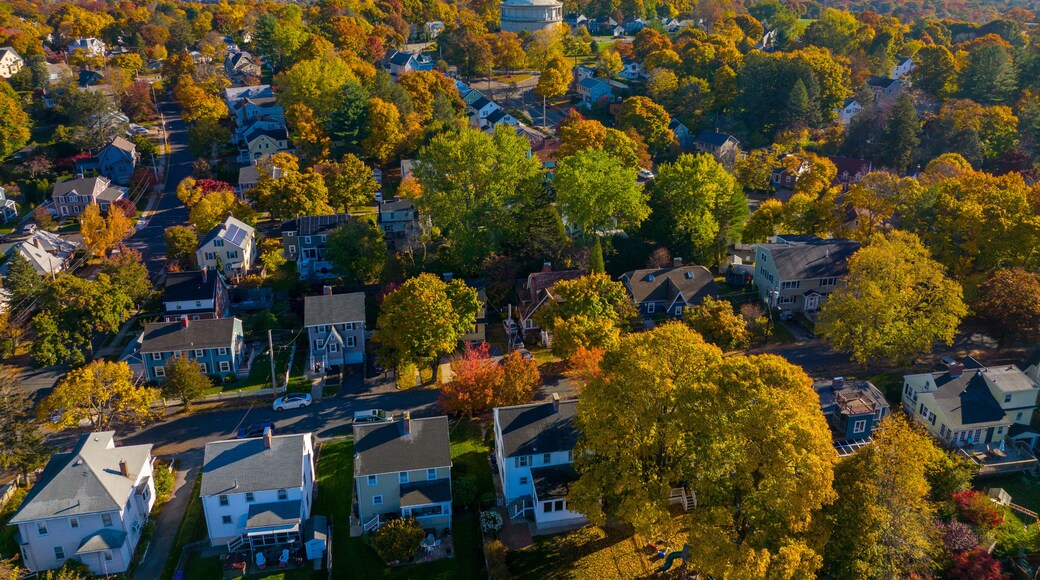 Arlington Reservoir aerial view in fall on Park Circle in town of Arlington, Massachusetts MA, USA. This water tower was built in 1920 with Classical Revival style.