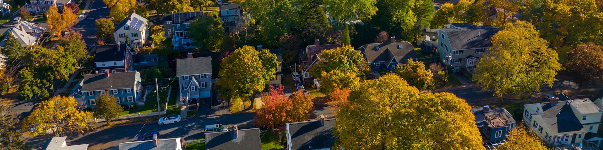 Arlington Reservoir aerial view in fall on Park Circle in town of Arlington, Massachusetts MA, USA. This water tower was built in 1920 with Classical Revival style.