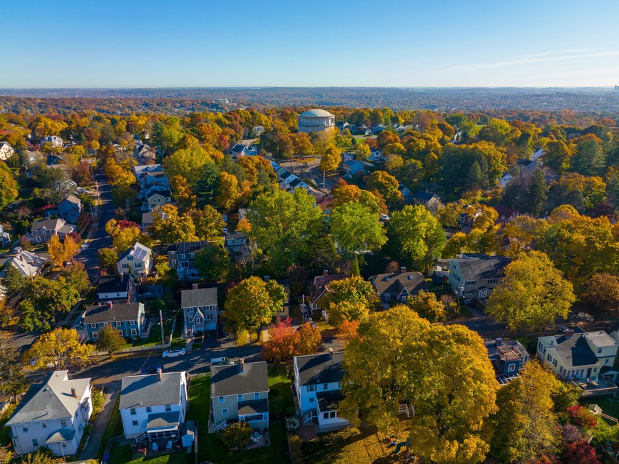 Arlington Reservoir aerial view in fall on Park Circle in town of Arlington, Massachusetts MA, USA. This water tower was built in 1920 with Classical Revival style.