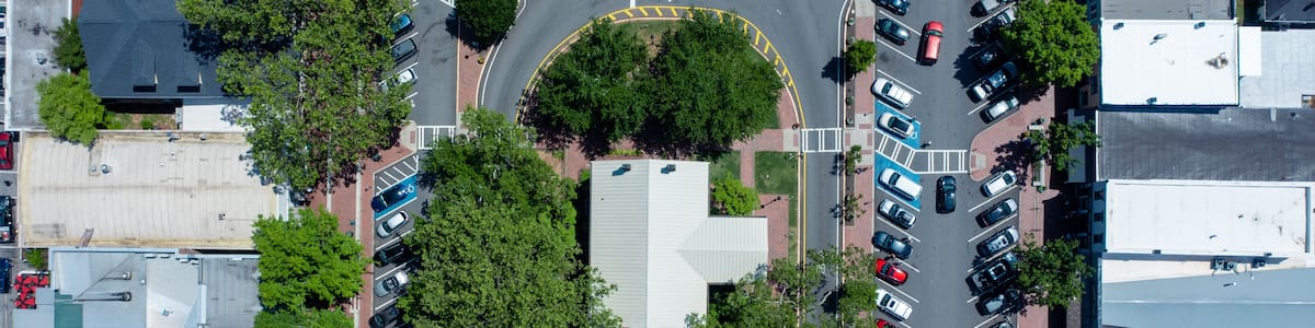 Aerial view of downtown Dahlonega with the Gold Museum at the center of the town square