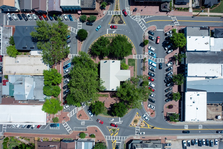 Aerial view of downtown Dahlonega with the Gold Museum at the center of the town square