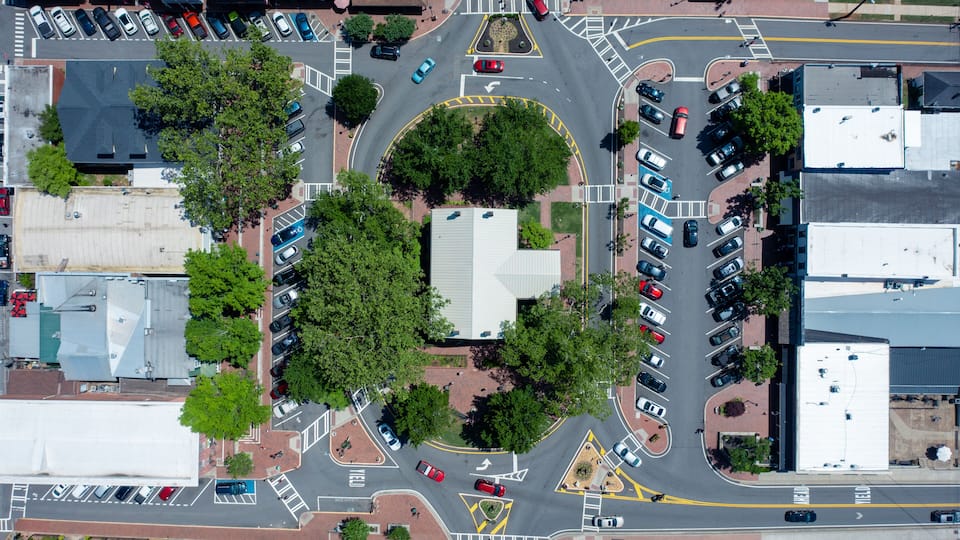Aerial view of downtown Dahlonega with the Gold Museum at the center of the town square