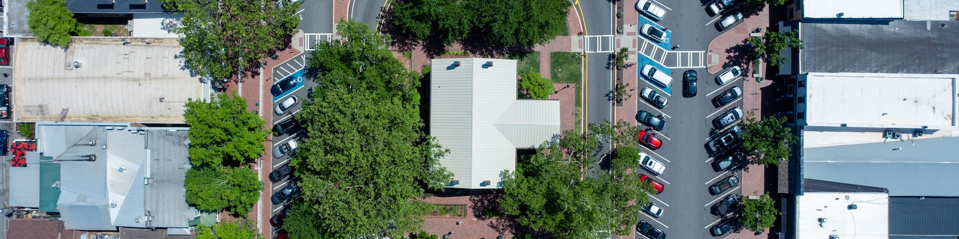 Aerial view of downtown Dahlonega with the Gold Museum at the center of the town square