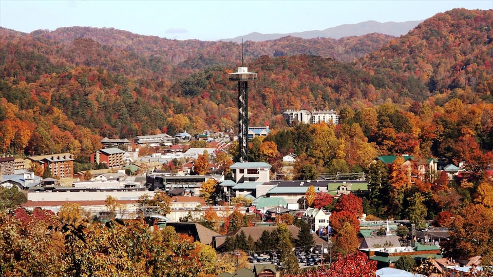 A town nestled in a valley with autumn foliage, surrounded by mountains.