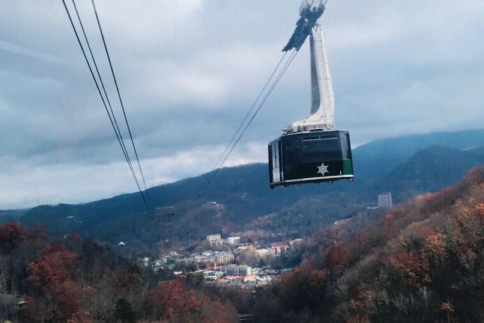 Eine Seilbahn fährt über einen bewaldeten Berg mit Herbstlaub.
