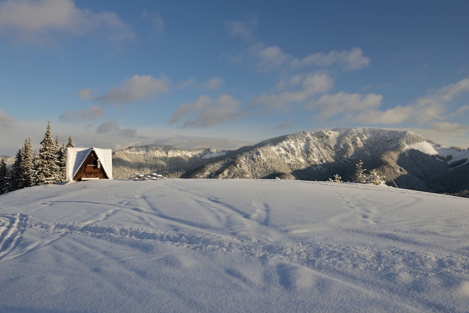 A snow-covered mountain landscape with a wooden cabin and evergreen trees.