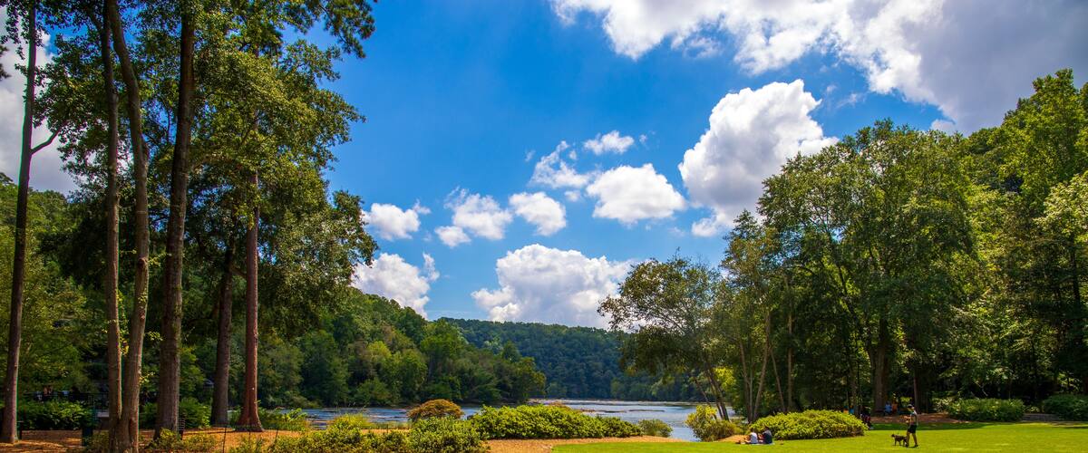 a stunning summer landscape along the Chattahoochee river with rushing water and lush green trees, grass and plants along the river and blue sky with clouds at Walton On The Chattahoochee in Atlanta