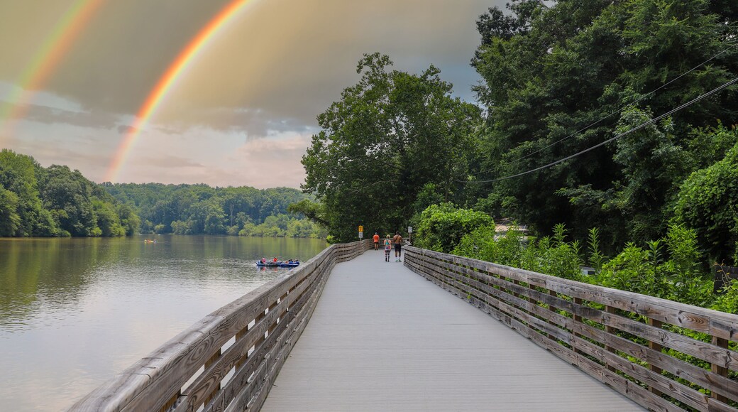 people walking down the boardwalk along the Chattahoochee river with vast silky brown river water surrounded by lush green trees at Roswell Riverwalk Boardwalk in Roswell Georgia USA