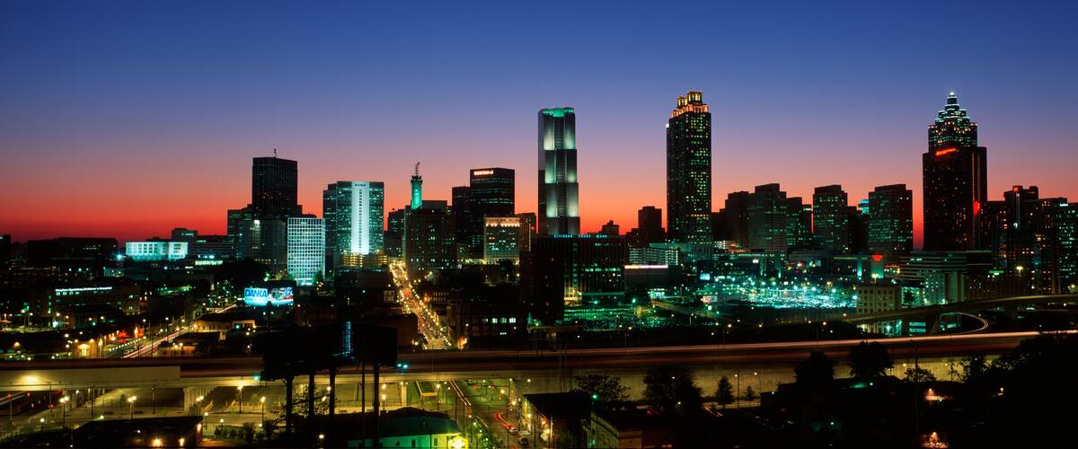 This is the skyline after the 1996 Olympics. It is the view at dusk.