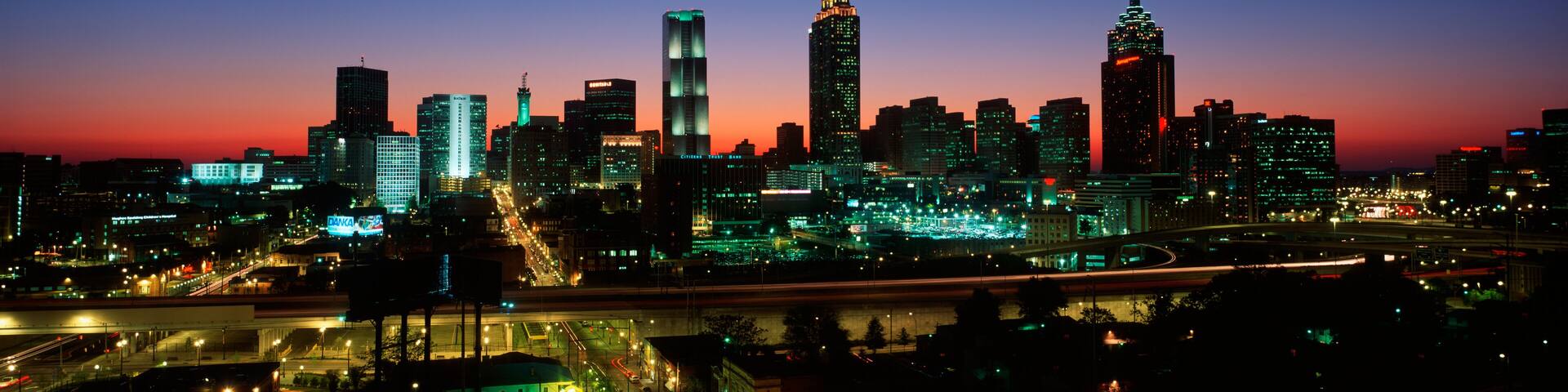 This is the skyline after the 1996 Olympics. It is the view at dusk.