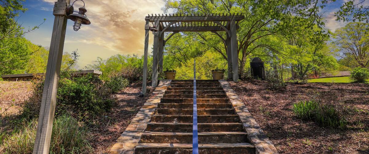 a gorgeous summer landscape with a brown wooden awning at the top of a staircase surrounded by a hillside covered with lush green trees, grass and plants with blue sky and powerful clouds at sunset