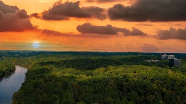 a stunning aerial panoramic shot of the Chattahoochee river surrounded by lush green and autumn colored trees with powerful clouds at Cochran Shoals Trail in Marietta USA