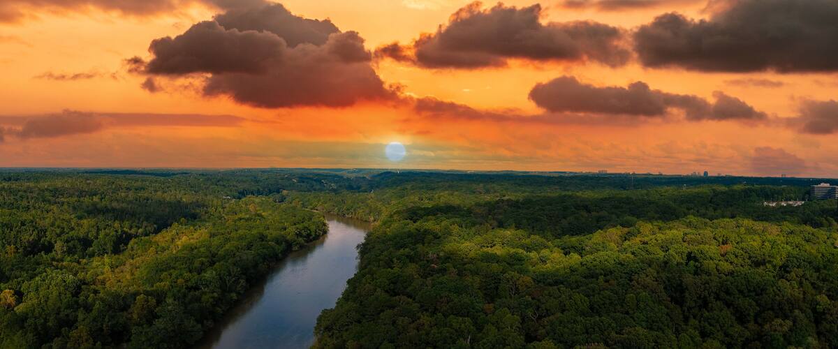 A river winding through a dense forest with a sunset in the background.