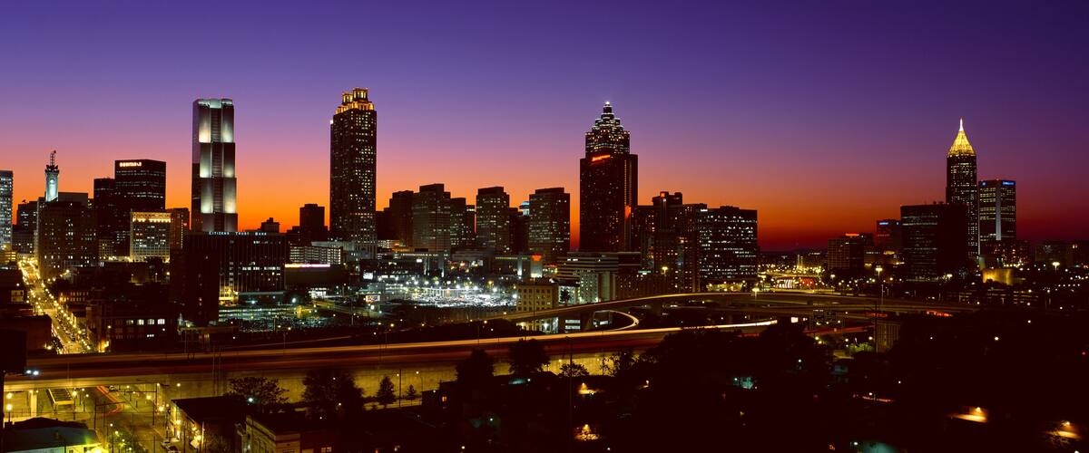 Panoramic view of Atlanta skyline at dusk, Atlanta, Georgia