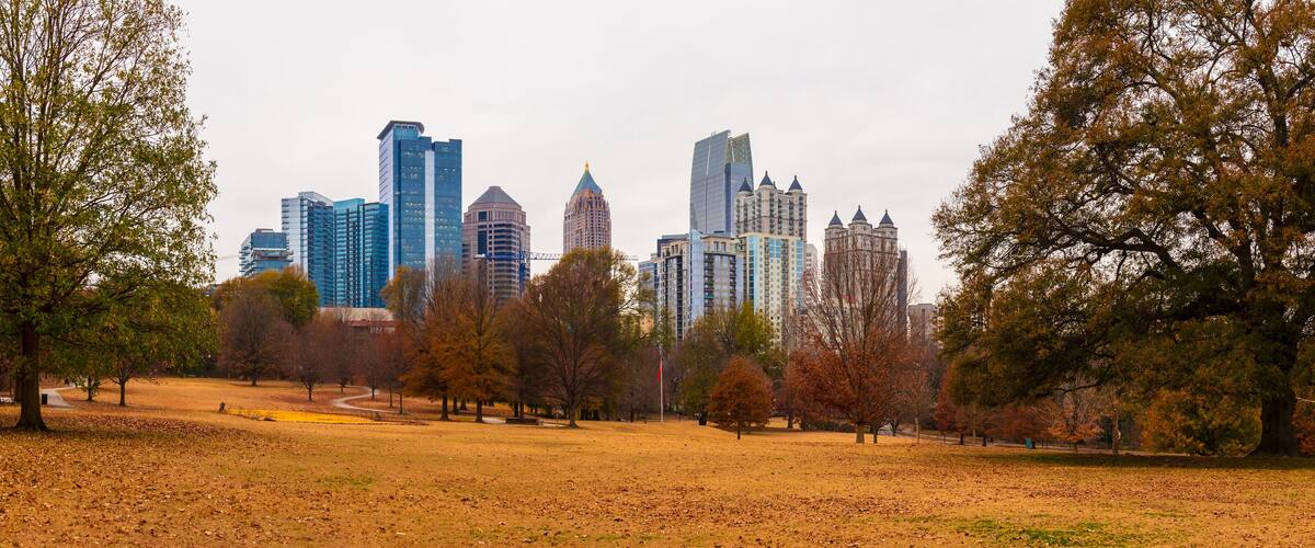 Panoramic view of the Oak Hill in the Piedmont Park and Midtown Atlanta behind it in autumn day, USA