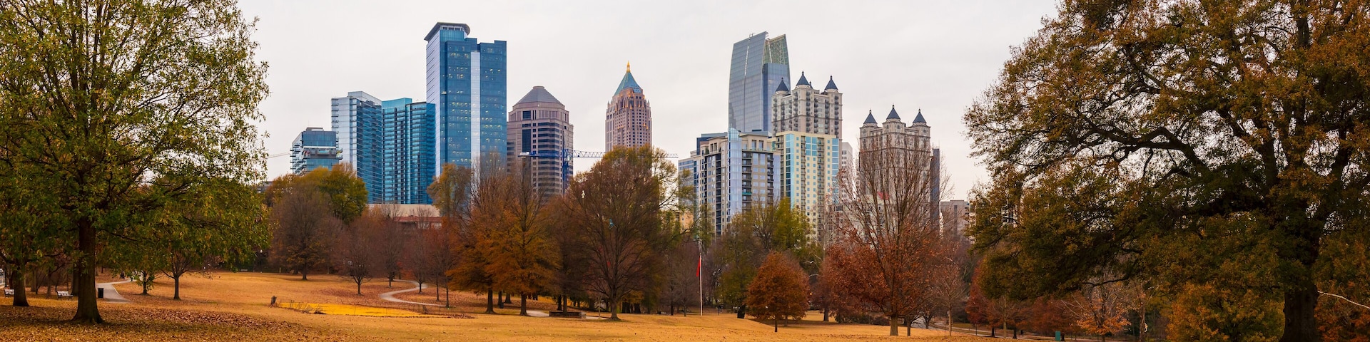 A park with autumn trees and a city skyline in the background.
