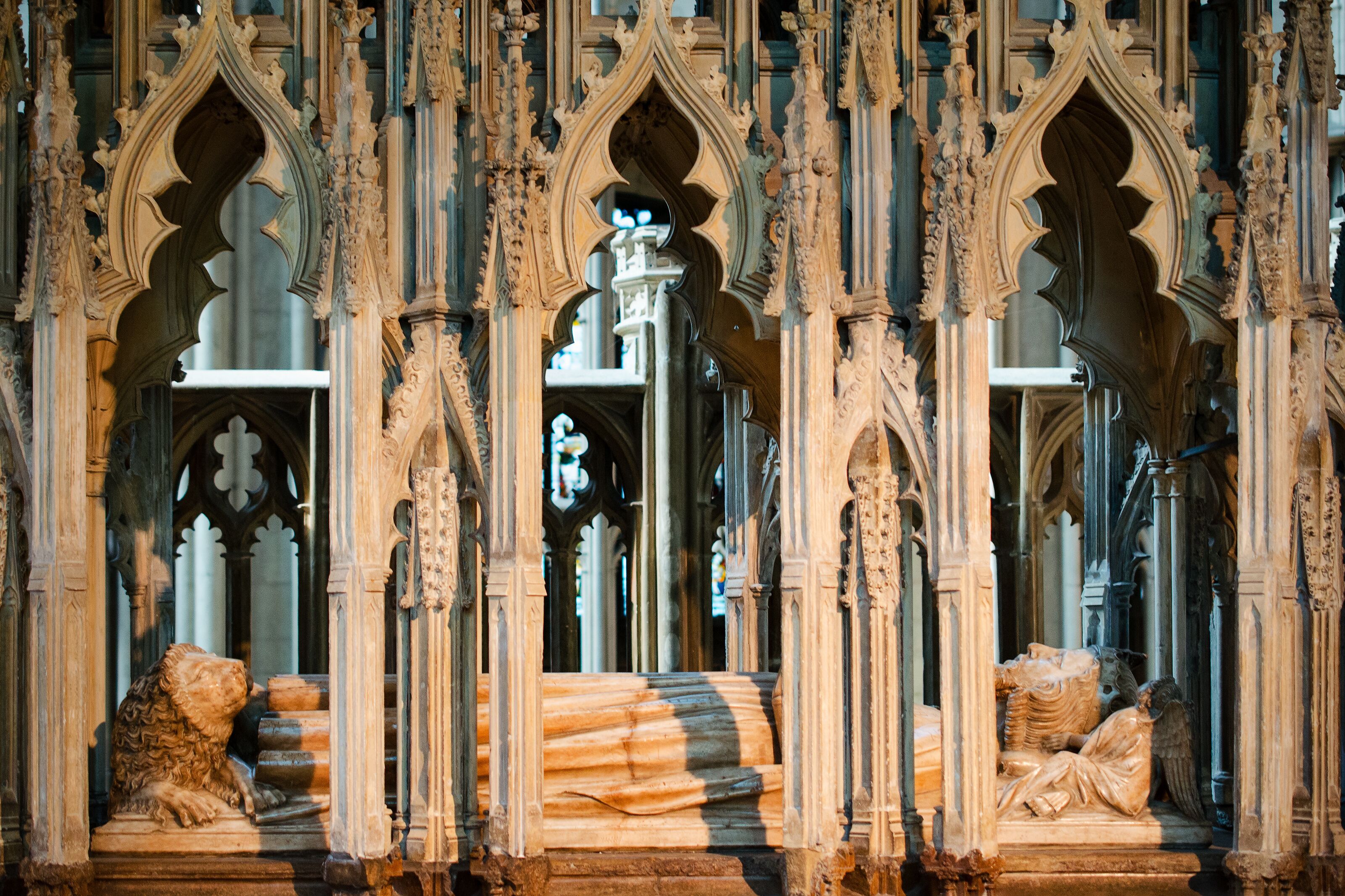 Intricate Gothic architecture with ornate columns and pointed arches.