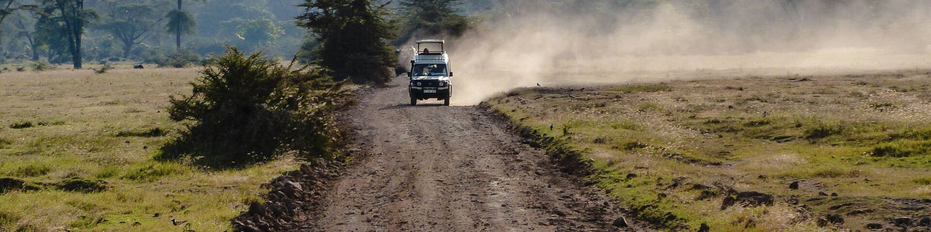 4x4 jeep driving in the Ngorongoro Crater near Serengeti National Park, Tanzania, Africa.