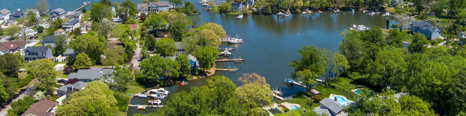 Aerial view of the Magothy River, Spriggs Pond and the surrounding area in Arnold, Anne Arundel County, Maryland.