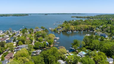 A lakeside residential area with houses, docks, and boats.