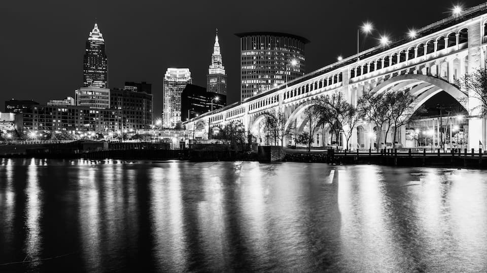 The Cleveland skyline at night, from Heritage Park, in Cleveland, Ohio
