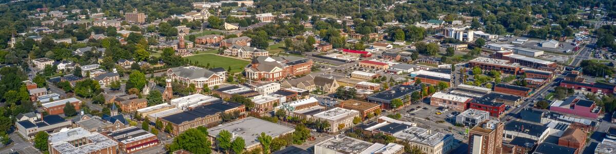 Aerial View of Downtown Cleveland, Tennessee in Summer