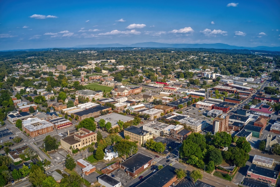 Aerial View of Downtown Cleveland, Tennessee in Summer