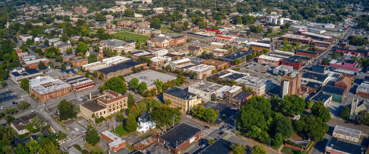 Aerial View of Downtown Cleveland, Tennessee in Summer