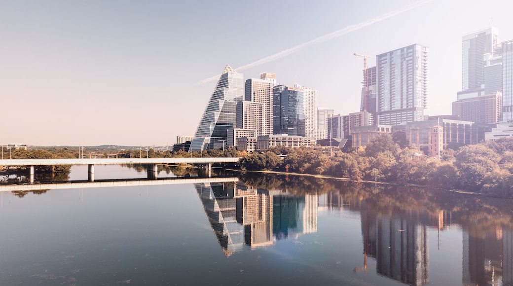 Downtown Austin skyline. Austin is the capital of Texas, USA. Panorama view of the central business district and Lady Bird Lake on the Colorado River.