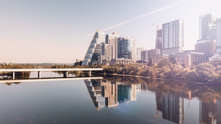 Downtown Austin skyline. Austin is the capital of Texas, USA. Panorama view of the central business district and Lady Bird Lake on the Colorado River.