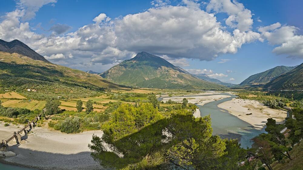 Vjosa river valley viewed from Tepelena