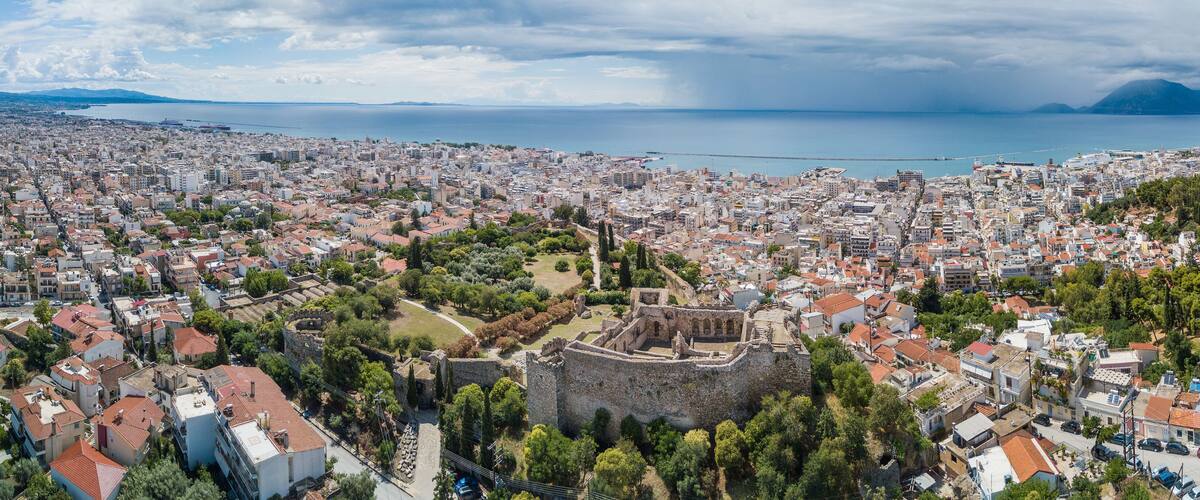 Aerial drone photo of famous town and castle of Patras, Peloponnese, Greece. Panorama