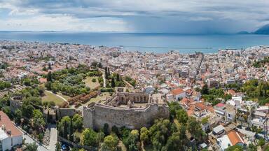 Aerial drone photo of famous town and castle of Patras, Peloponnese, Greece. Panorama