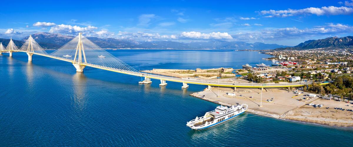 The Rio-Antirrio Bridge, officially the Charilaos Trikoupis Bridge, longest multi-span cable-stayed bridges and longest of the fully suspended type, Greece