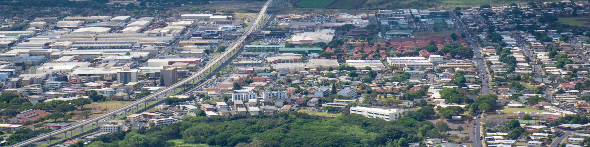 Aerial view of the Honolulu Rail transit lane running from the West side of Kapolei through Pearl City and Waipahu on Oahu, Hawaii