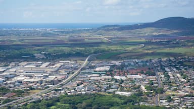 Aerial view of the Honolulu Rail transit lane running from the West side of Kapolei through Pearl City and Waipahu on Oahu, Hawaii