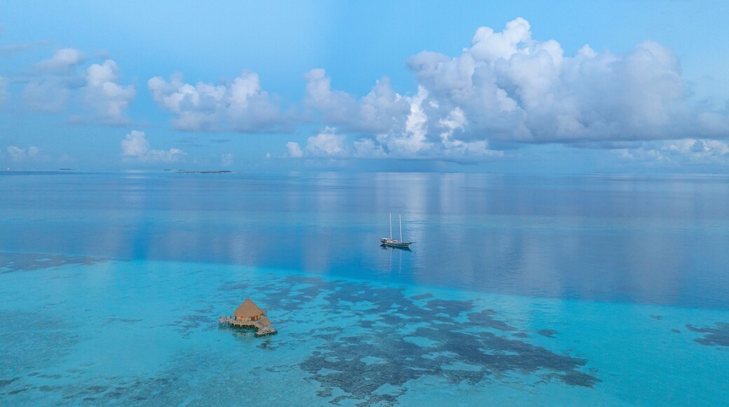 Aerial view of beautiful tropical island Amingiri with turquoise water and sandy beach, Male Atoll, Maldives.
