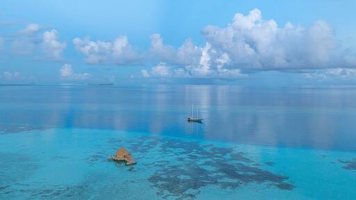 Aerial view of beautiful tropical island Amingiri with turquoise water and sandy beach, Male Atoll, Maldives.