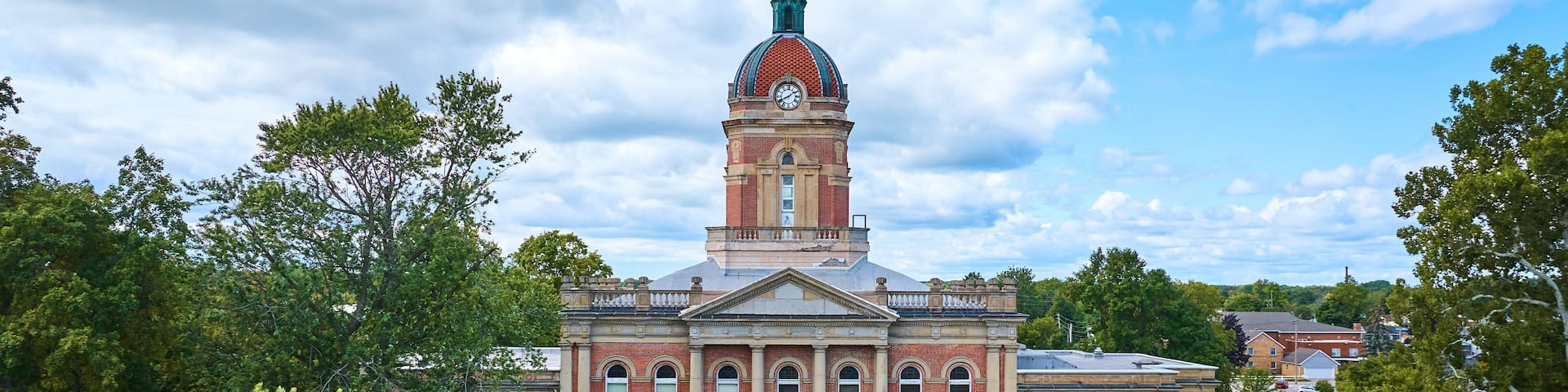 Aerial View of Historic Elkhart Courthouse amidst Greenery