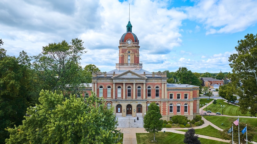 Aerial View of Historic Elkhart Courthouse amidst Greenery
