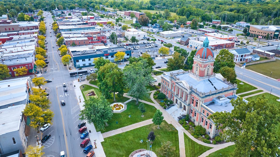 Aerial View of Historic Courthouse in Small Town America