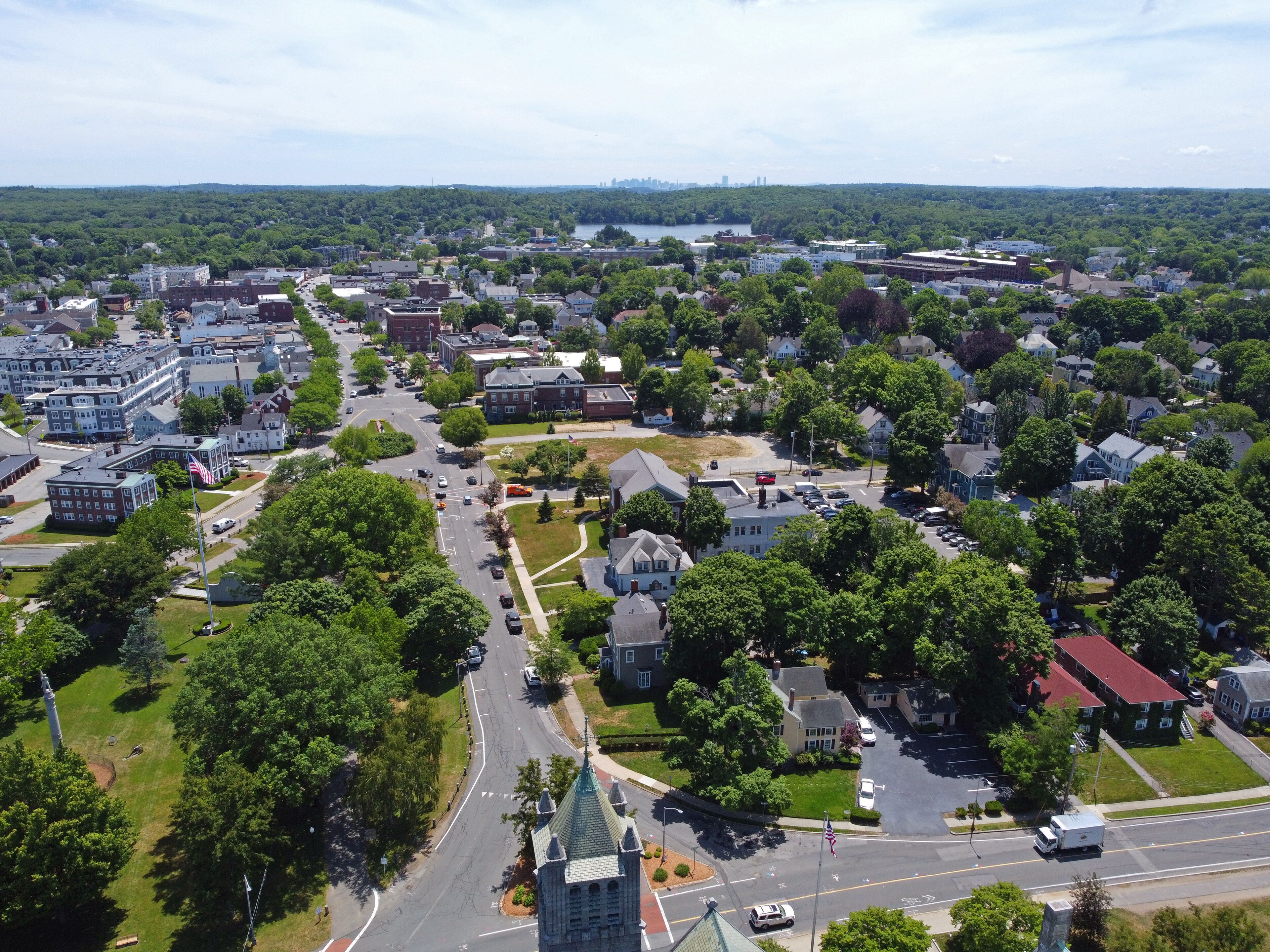 Wakefield historic town center aerial view on Main Street in Wakefield, Massachusetts MA, USA. 