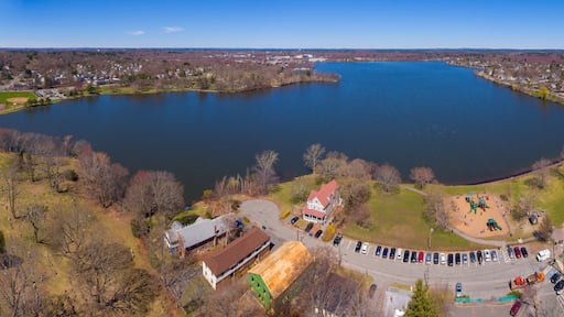 Wakefield Lake Quannapowitt panoramic aerial view in historic town center of Wakefield, Massachusetts MA, USA.
