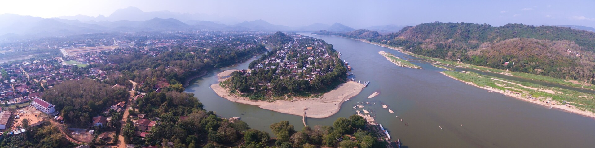 Historical City Of Luang Prabang And Mekong River, Laos, Wide Aerial Panorama