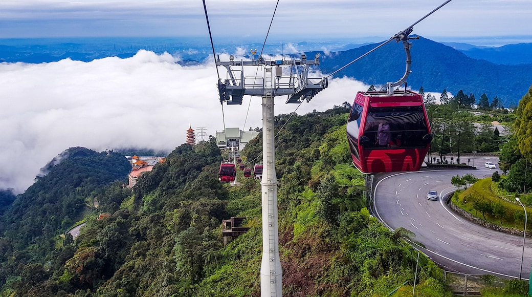 cable car at genting highlands, malaysia in a foggy weather with green grass visible from inside cable car